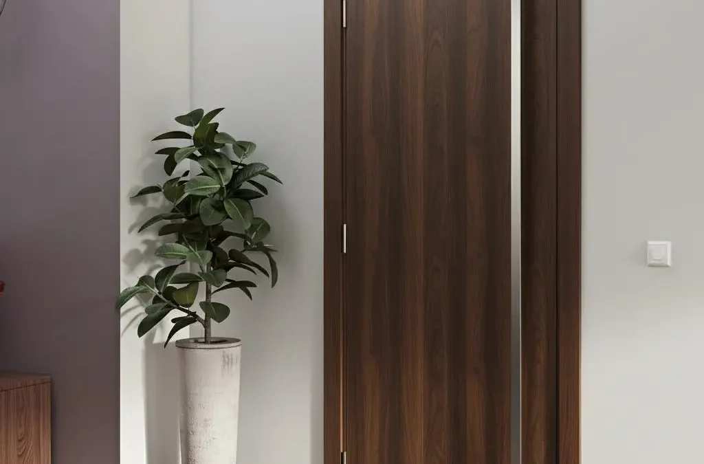 درب چوبی مدرن با روکش چوب گردویی و دستگیره استیل بلند