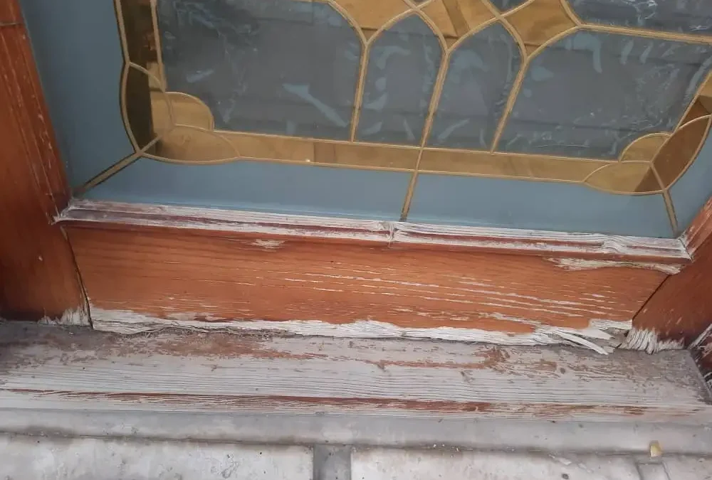 مرمت تخصصی و رنگ‌کاری درب لابی؛ رفع پوسیدگی پایین درب (شرق تهران و پردیس)