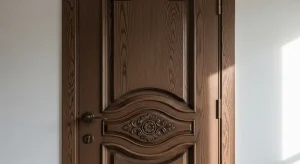 درب کلاسیک تمام چوب سفارشی با منبت‌کاری ظریف – صنایع چوب فن و هنر