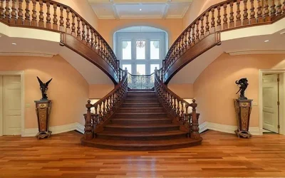 نرده چوب گردو برای پله‌های منحنی | طراحی و ساخت حرفه‌ای توسط فن و هنر